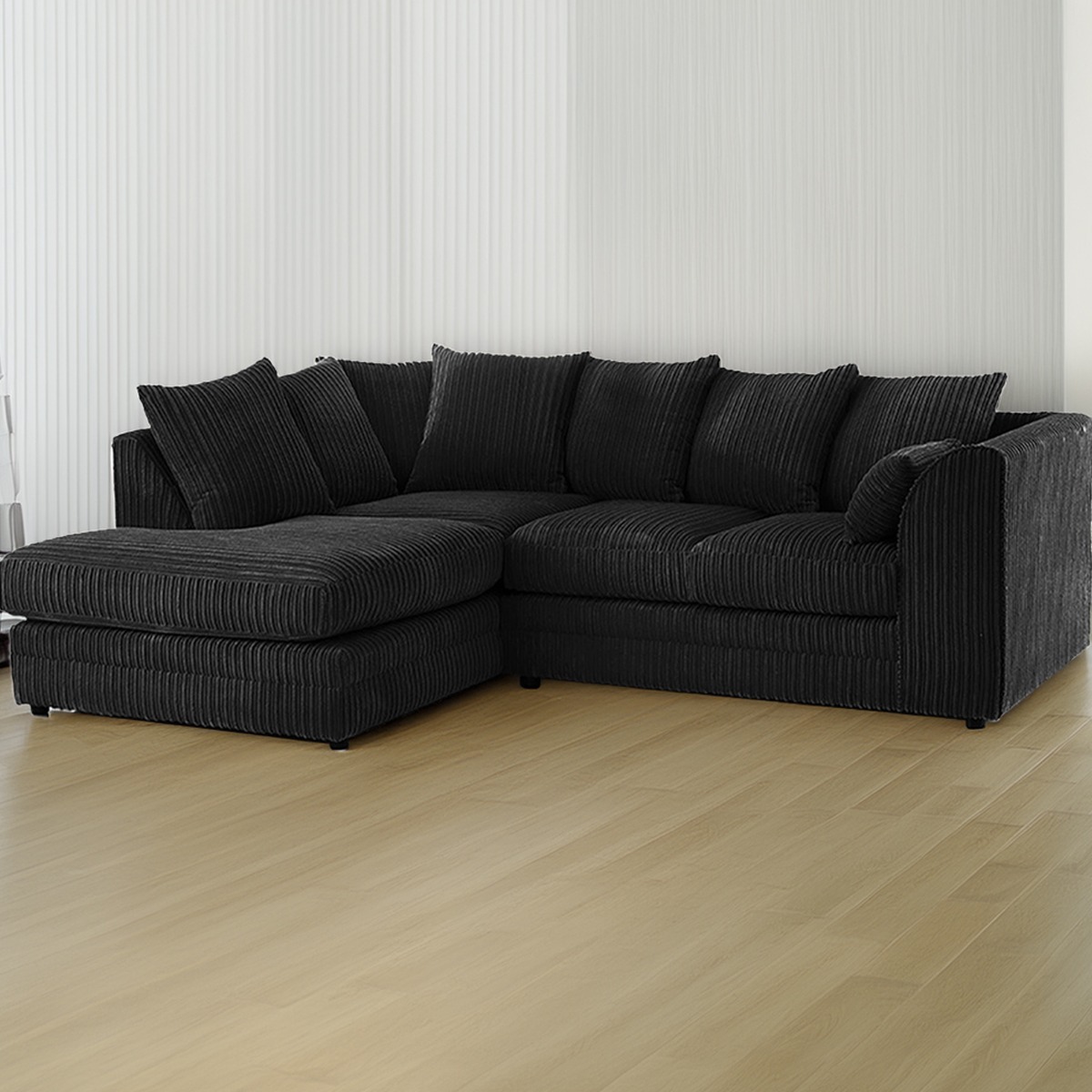 DESMOND Jumbo Cord 4 Seater L Shaped - Left Hand Facing Corner Sofa - Black - Home Done