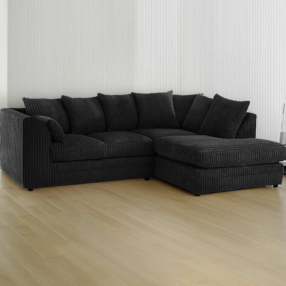 DESMOND Jumbo Cord 4 Seater L Shaped - Right Hand Facing Corner Sofa - Black - Home Done