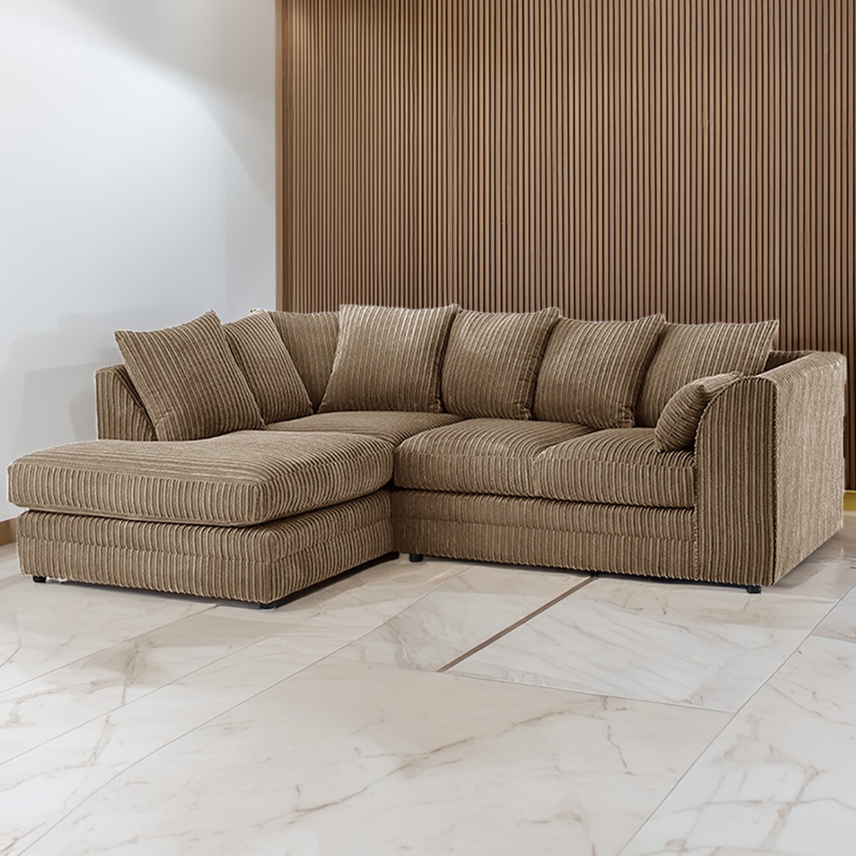 DESMOND Jumbo Cord 4 Seater L Shaped - Left Hand Facing Corner Sofa - Coffee - Home Done