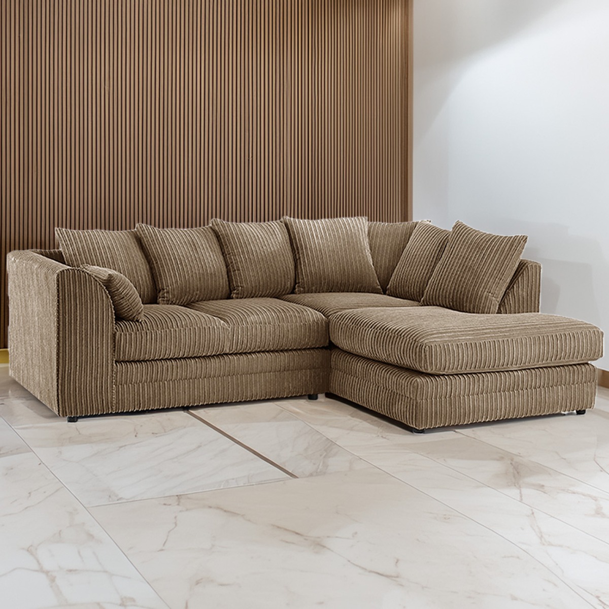 DESMOND Jumbo Cord 4 Seater L Shaped - Right Hand Facing Corner Sofa - Coffee - Home Done