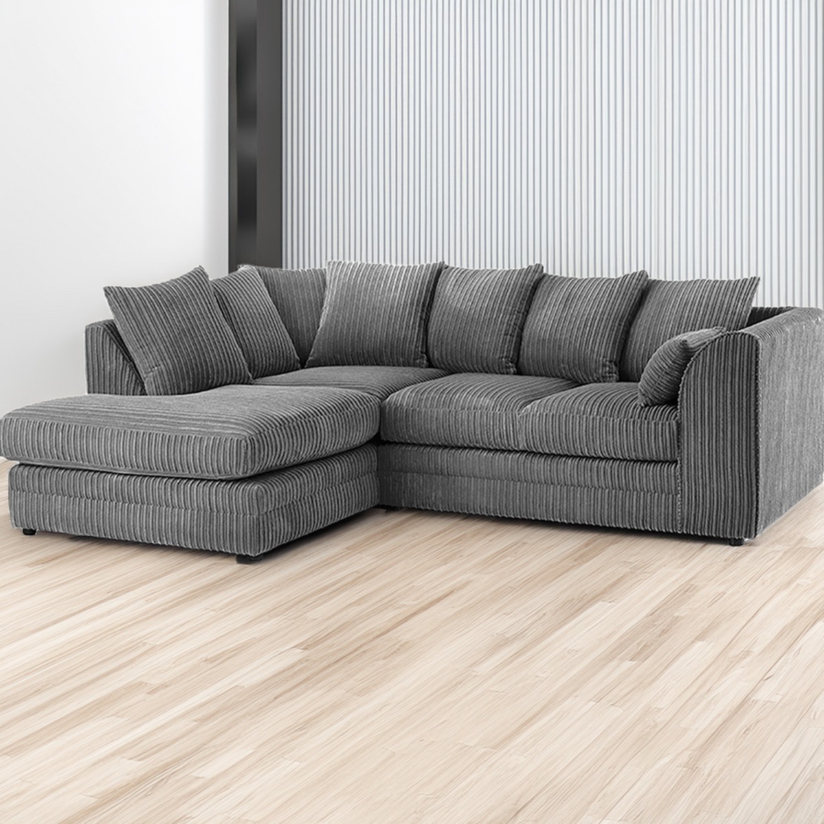 DESMOND Jumbo Cord 4 Seater L Shaped - Left Hand Facing Corner Sofa - Grey - Home Done