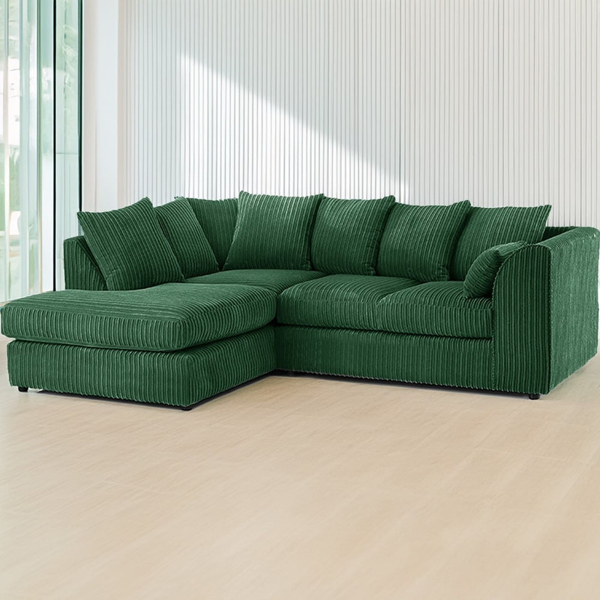 DESMOND Jumbo Cord 4 Seater L Shaped - Left Hand Facing Corner Sofa - Green - Home Done