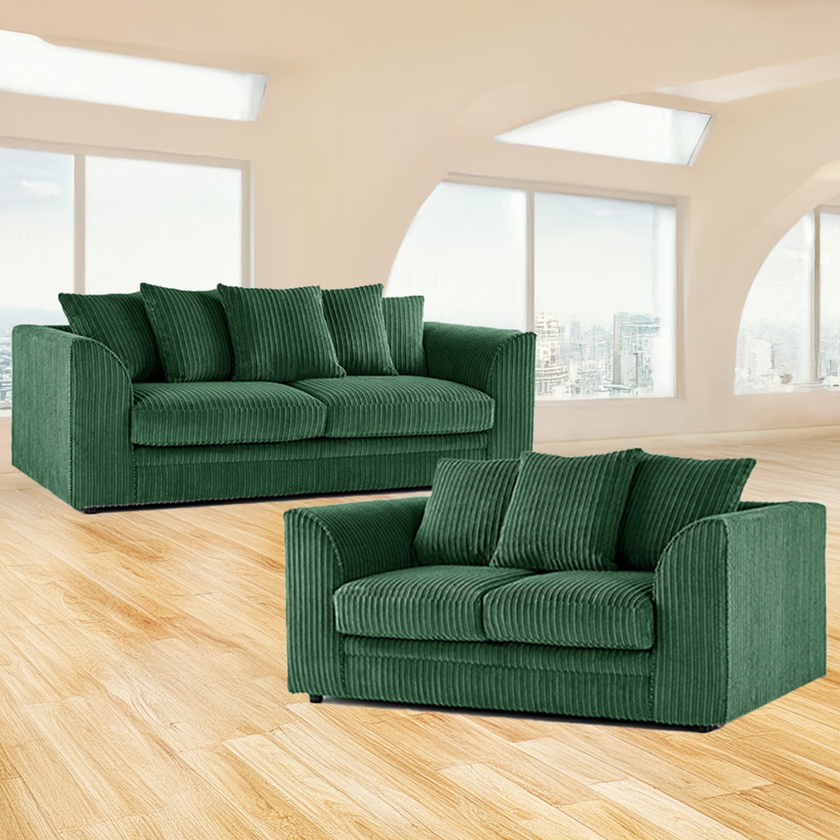 Desmond Jumbo Cord 3 Seater and 2 Seater Sofa Set - Green - Home Done
