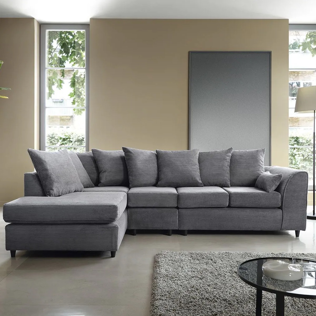 Corner Sofa - DESMOND Jumbo Cord Large 5 Seater L Shaped Sofa - Left Hand Facing - Grey - Sofa Central