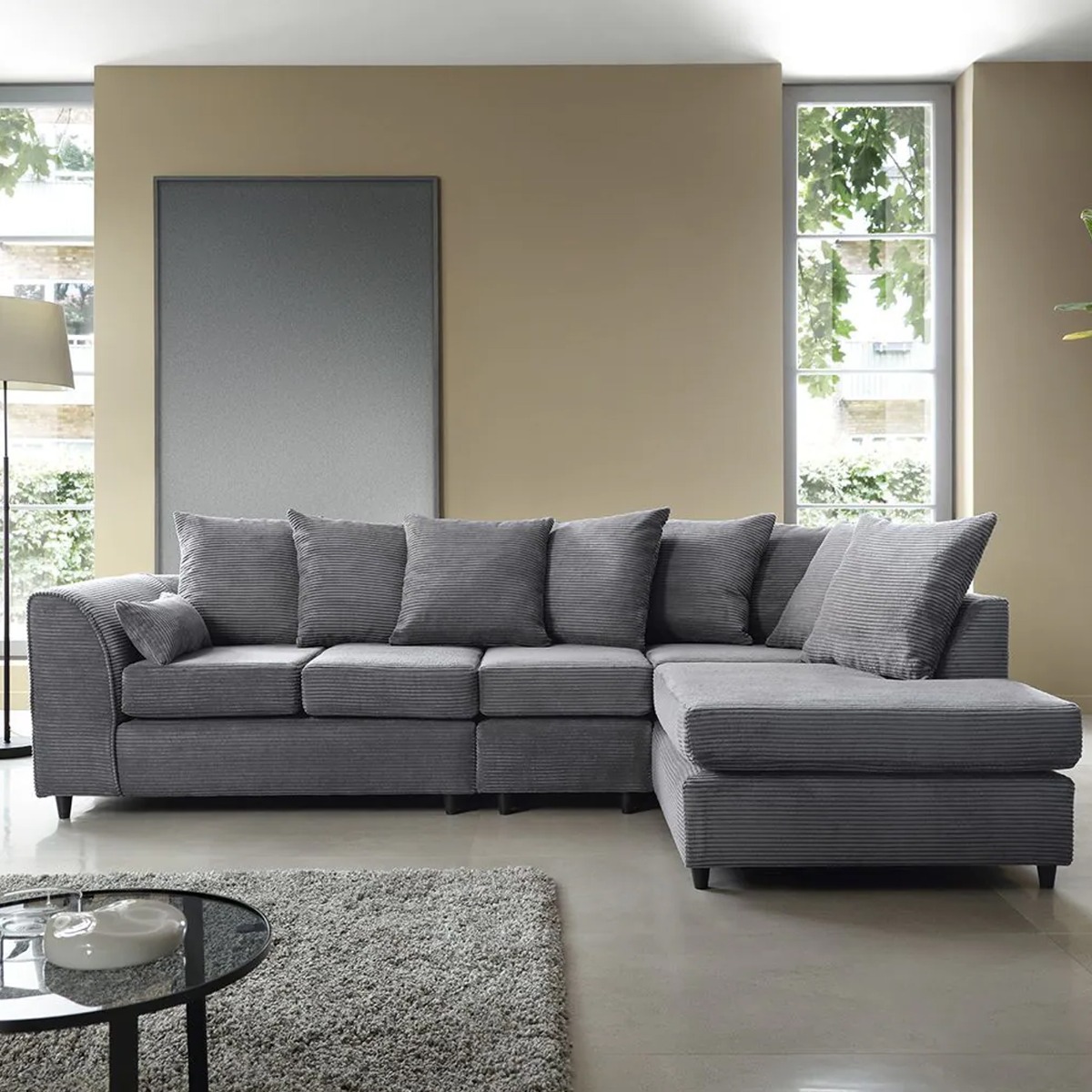 Corner Sofa - DESMOND Jumbo Cord Large 5 Seater L Shaped Sofa - Right Hand Facing - Grey - Sofa Central