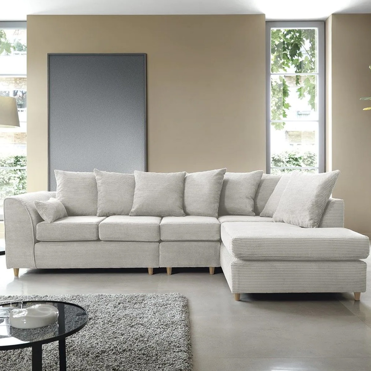 Corner Sofa - DESMOND Jumbo Cord Large 5 Seater L Shaped Sofa - Right Hand Facing - White - Sofa Central
