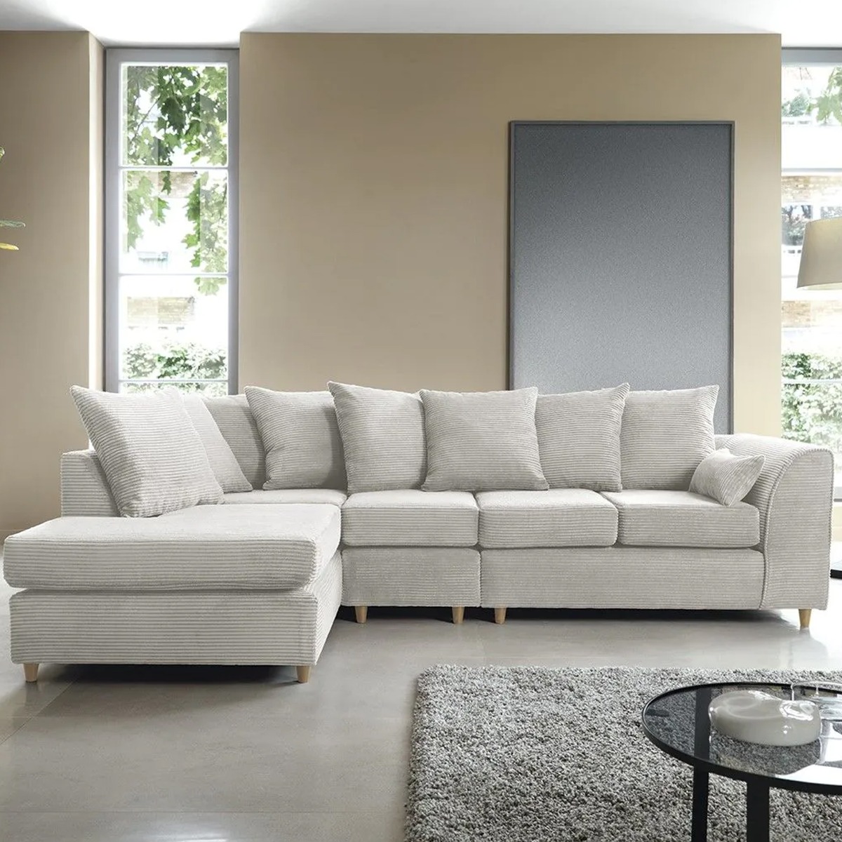 Corner Sofa - DESMOND Jumbo Cord Large 5 Seater L Shaped Sofa - Left Hand Facing - White - Sofa Central