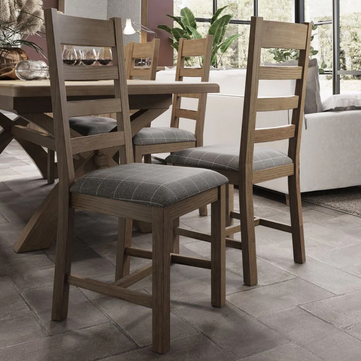 Norfolk Slatted Dining Chair Grey Check Fabric Seat - Smoked Oak - Kettle Homes