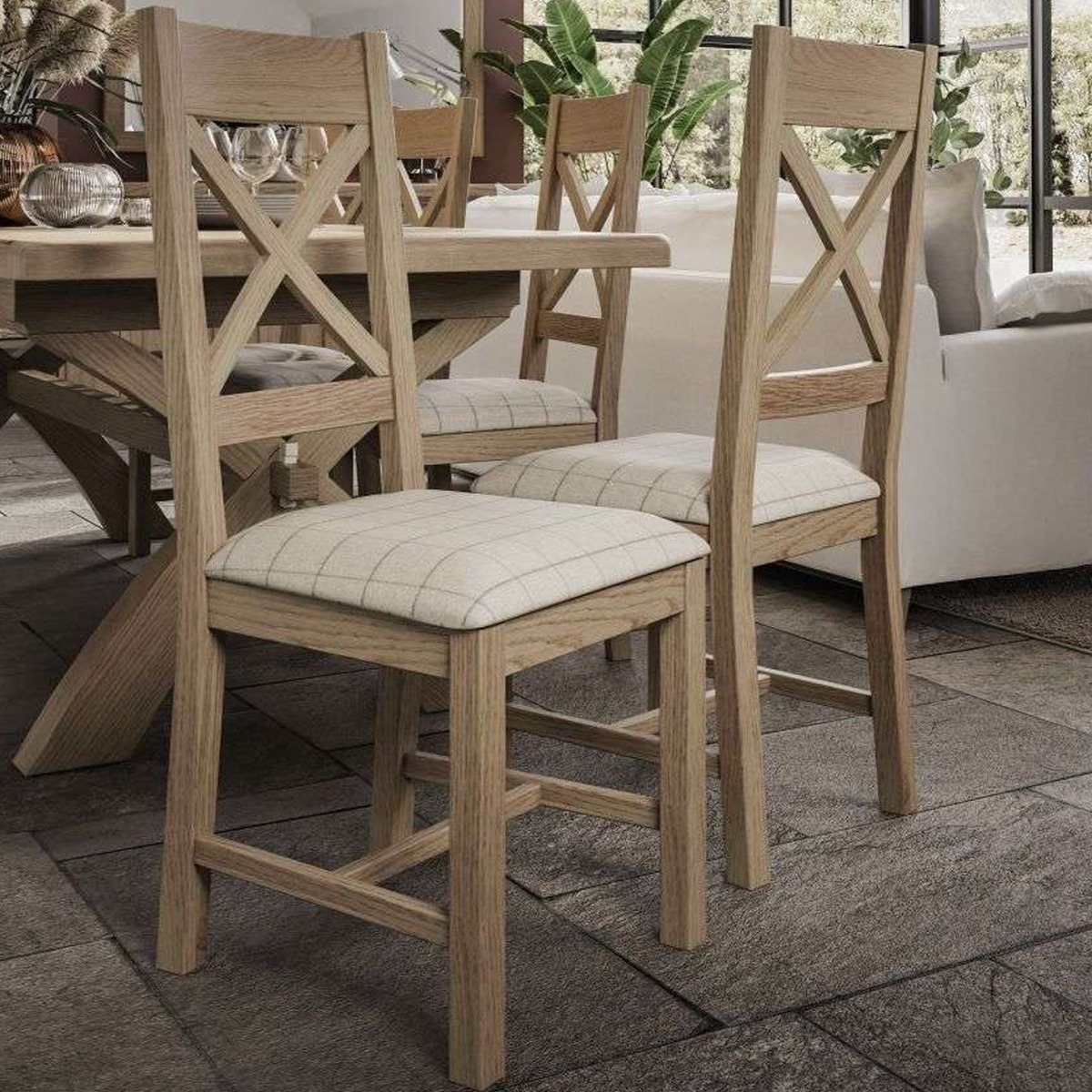 Norfolk Cross Back Dining Chair Natural Check - Smoke Oak - Kettle Homes