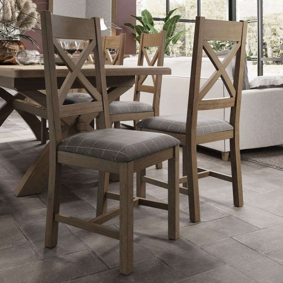 Norfolk Cross Back Dining Chair Grey Check - Smoke Oak - Kettle Homes