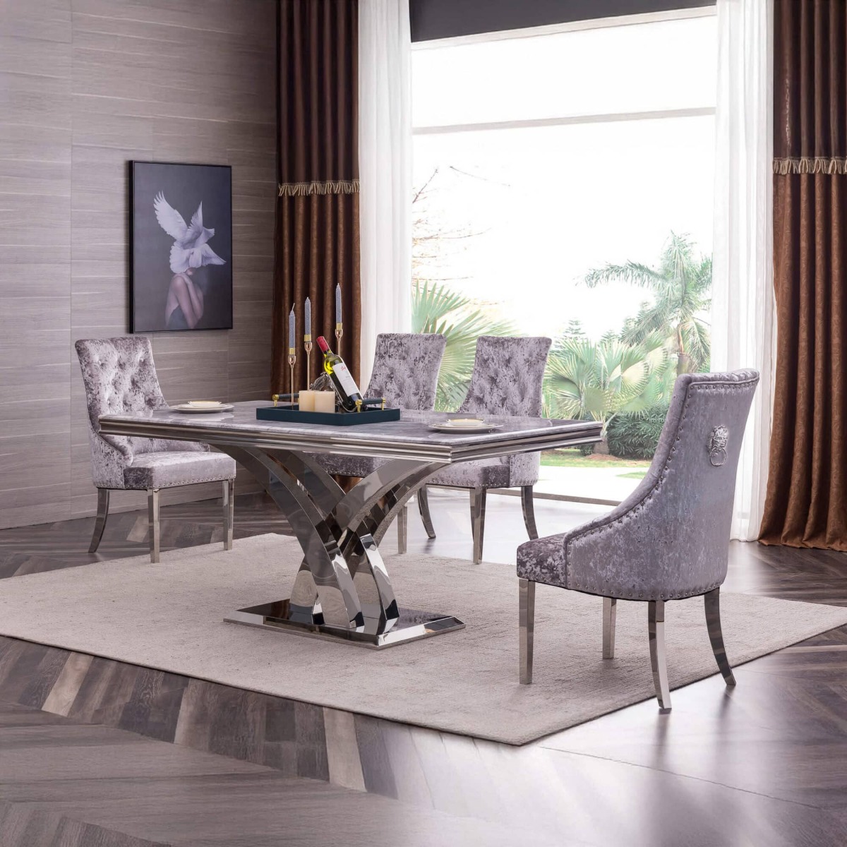 Catherine Set of 2 Velvet Dining Chairs with Stainless Steel Legs - Grey - Sigrid Mills