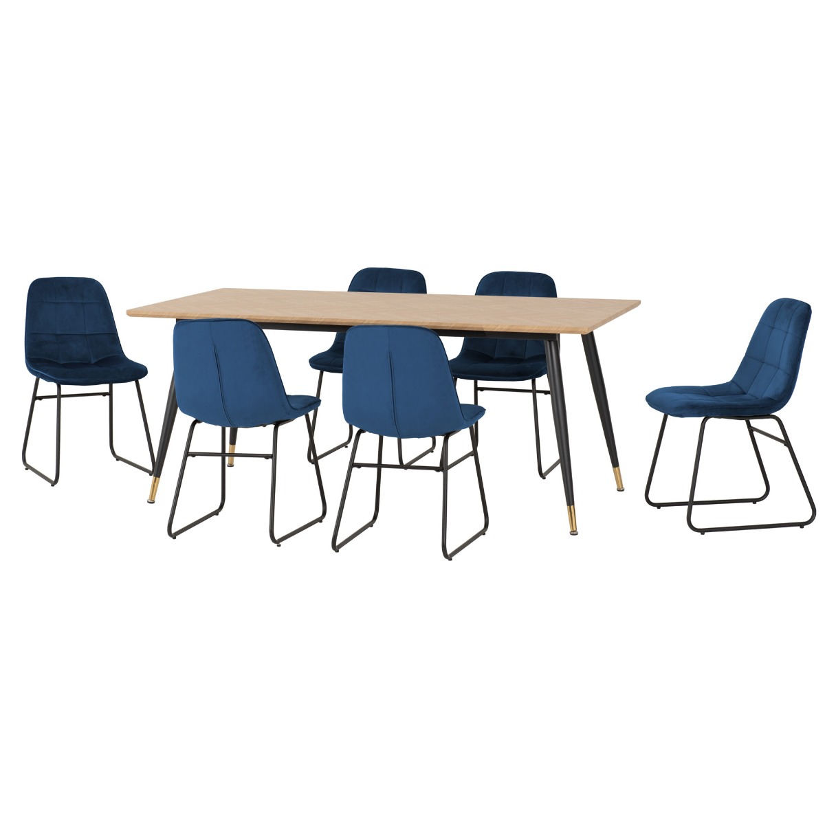 Hamilton Large Dining Set with Lukas Chairs - Oak Effect Black Sapphire Blue Velvet - Budget Deals