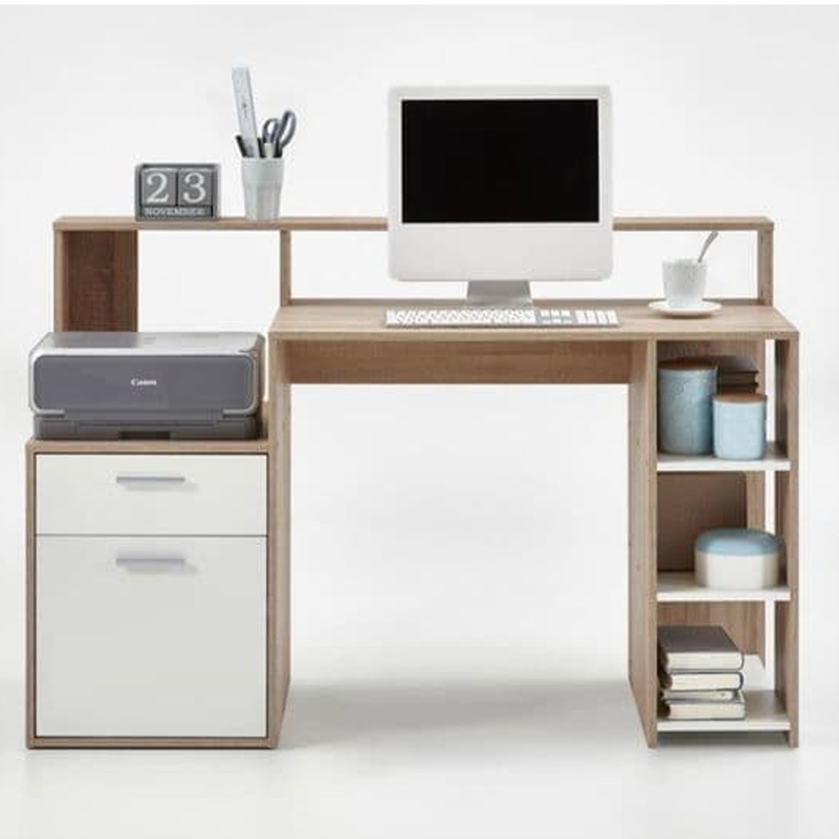 Unique Design Computer Desk with Hutch - White and Oak Effect - Dalton Home