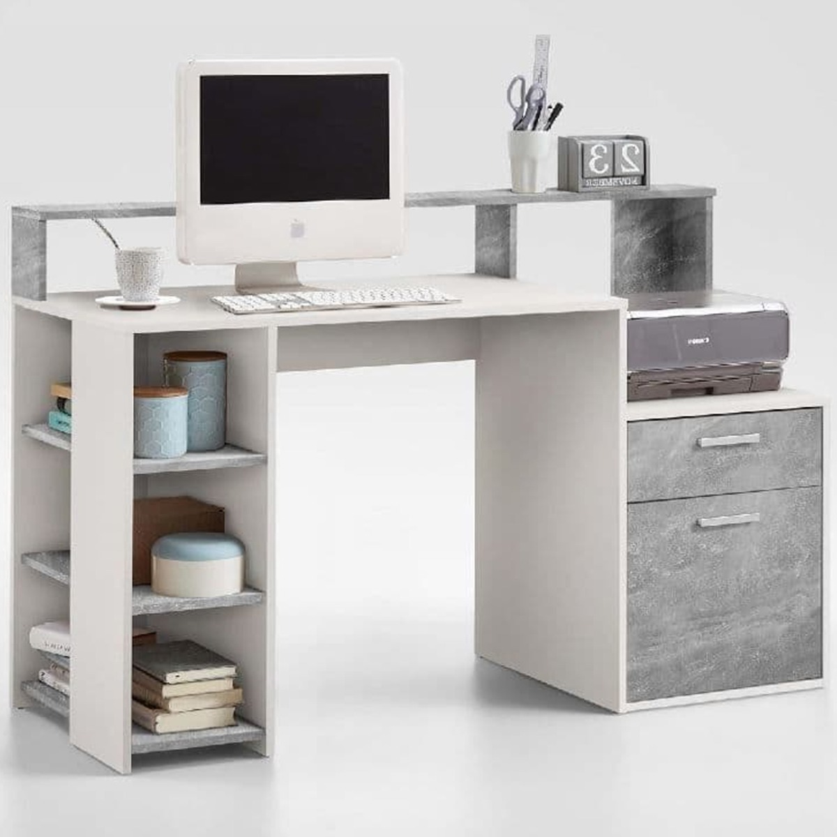 Unique Design Computer Desk with Hutch - Concrete Grey - Dalton Home
