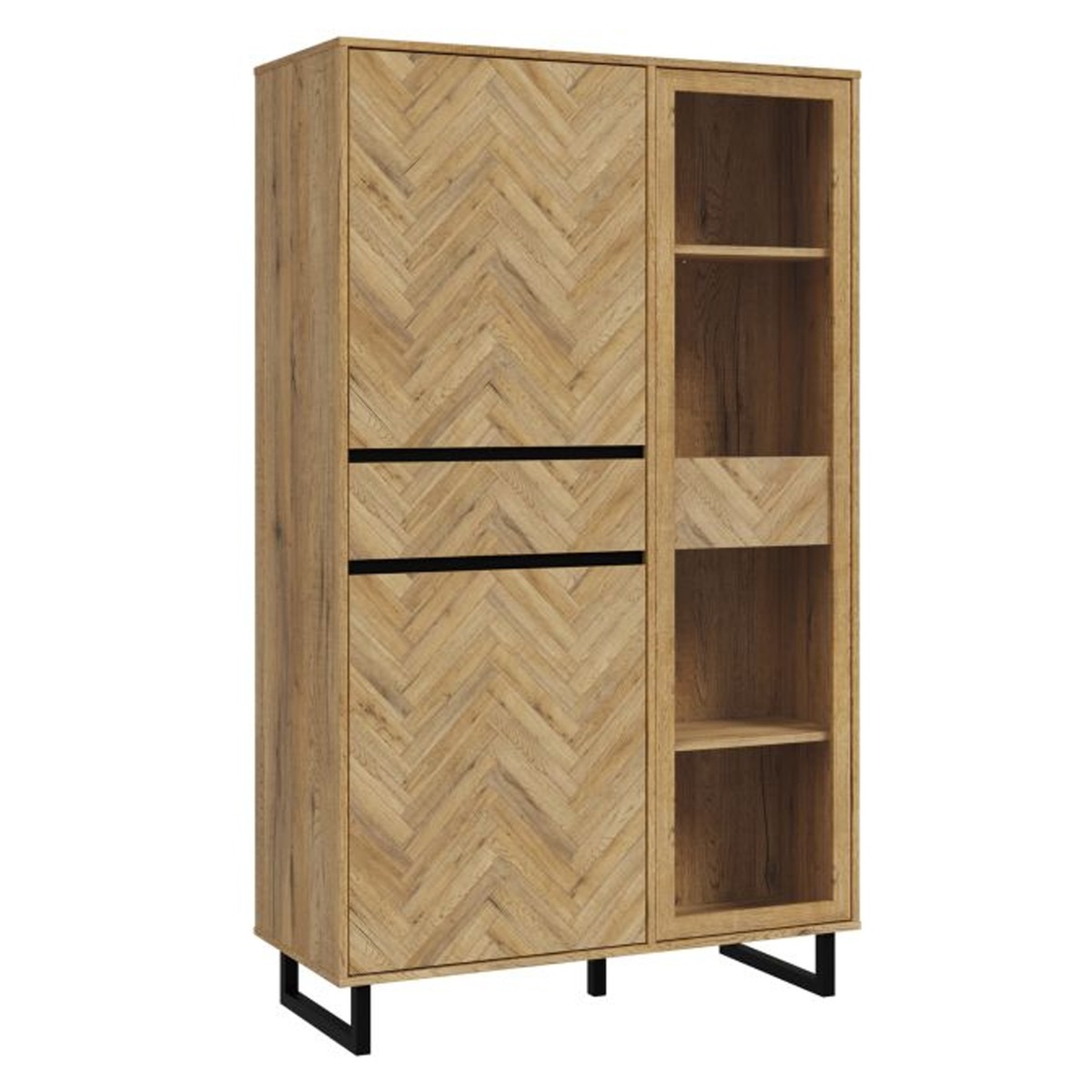 Cherwell 2 Door Display Cabinet with 2 Drawers and 1 Glass Door - Oak with Matt Black - Rosalind Collection