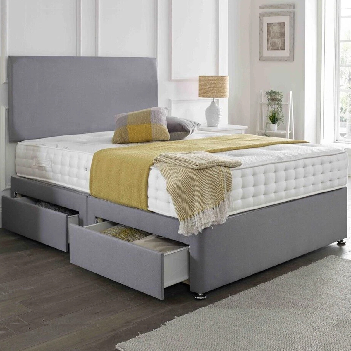 Orthopaedic Grey Fabric Divan Bed Set with Mattress and Headboard - 2ft6 Small Single - Bedroom & More
