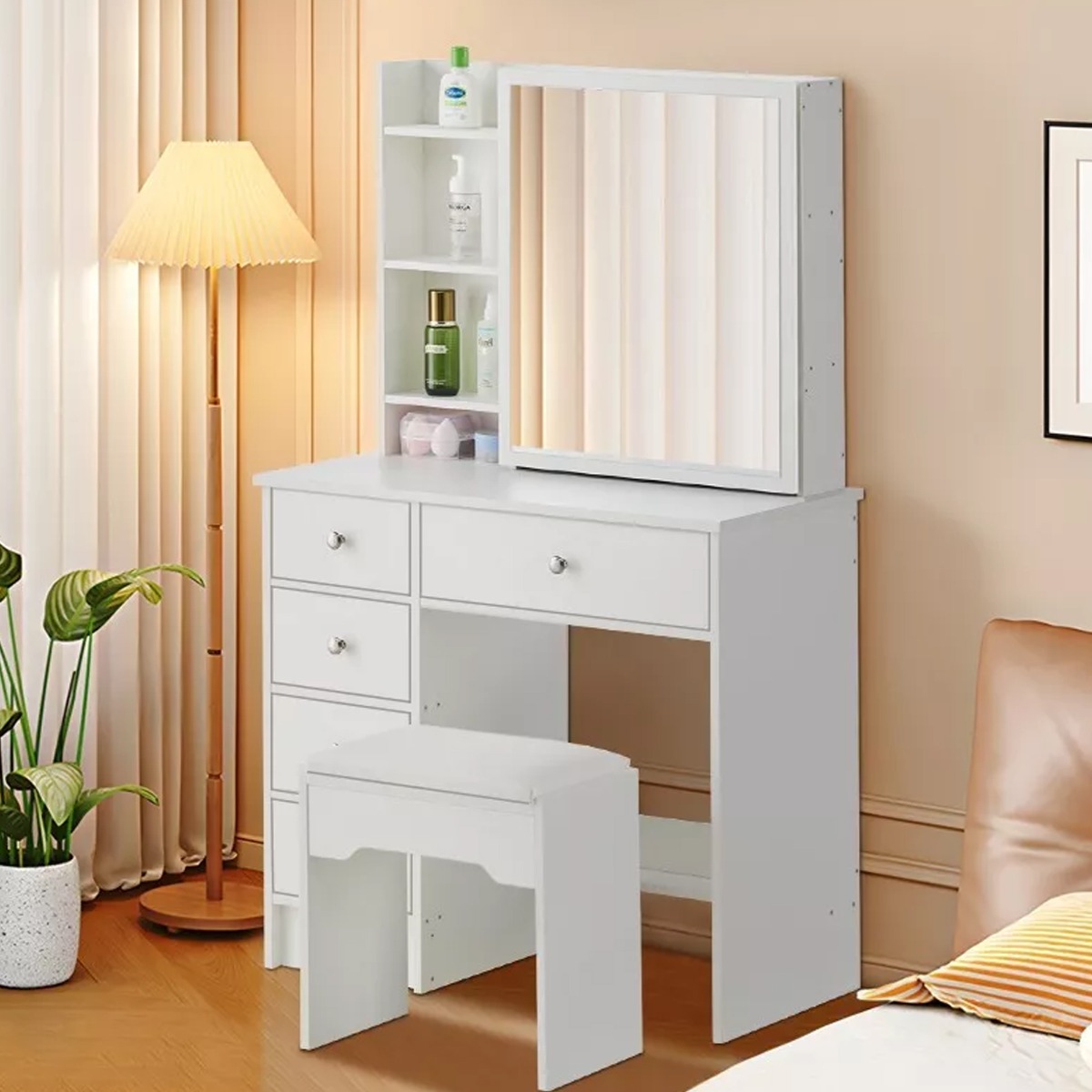 Dressing Table 5 Drawers with LED Lights Sliding Mirror and Stool - White - Bedroom & More
