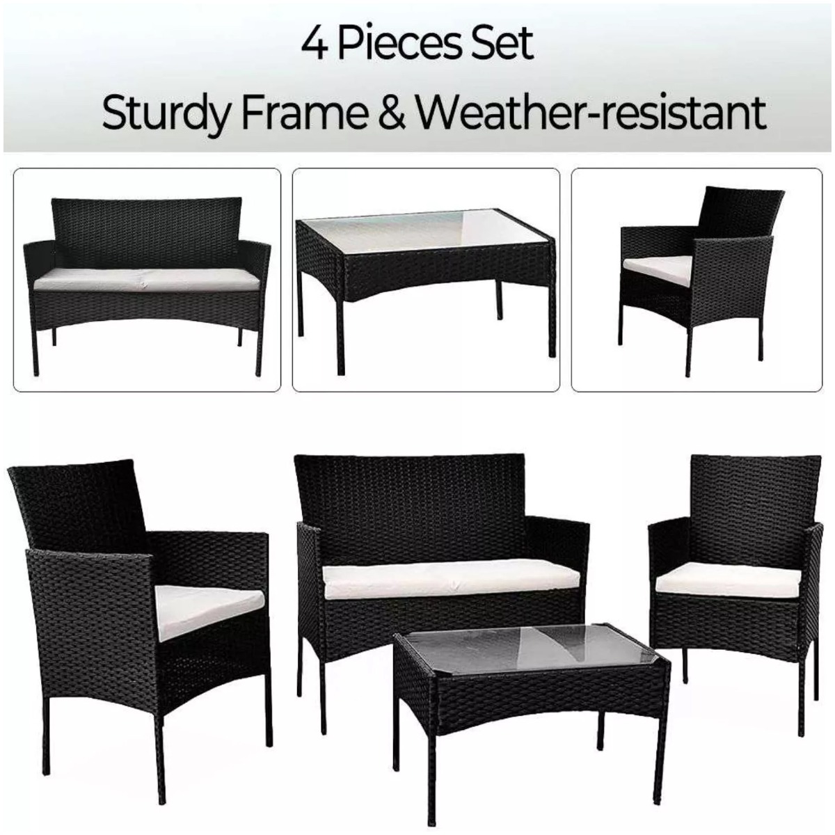 Garden Furniture 4 Piece Black Rattan Set with Table Chairs Sofa Wicker - Black - Bedroom & More