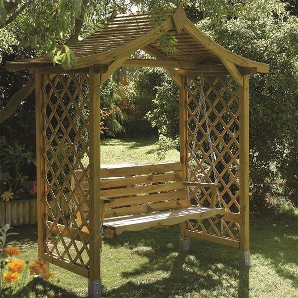 Rowlinson Dartmouth Timber Arbour with Swing Seat and Apex Roof - Etta Gardens