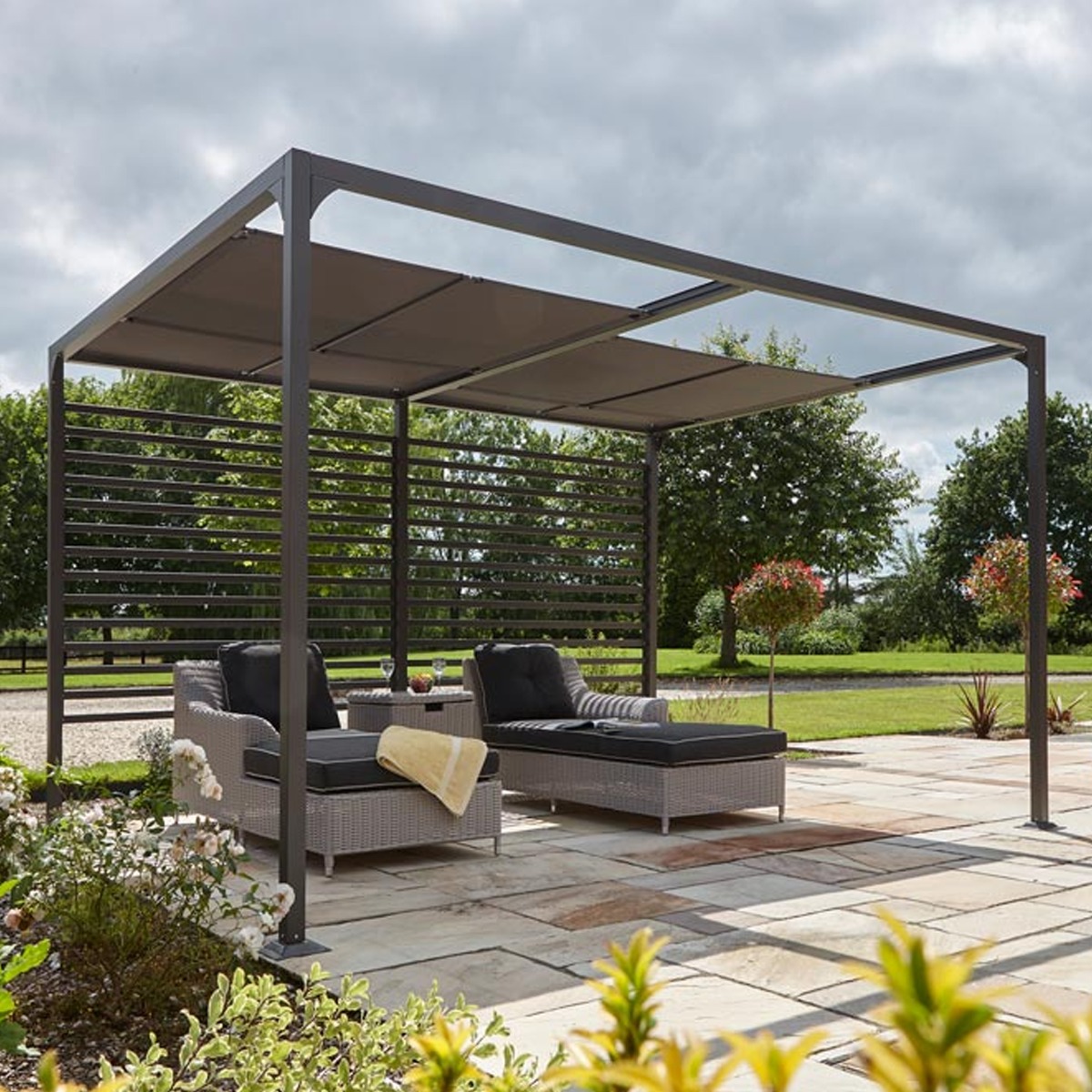 Alex 4×3 Free-Standing Canopy with Adjustable Sliding Panels - Grey Finish - Etta Gardens