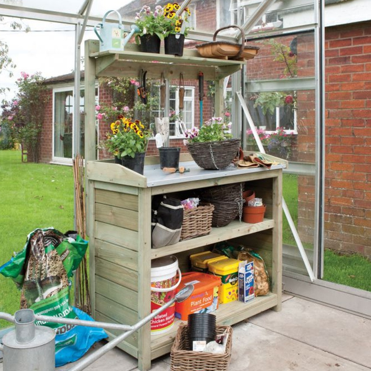 Premier Potting Station with Storage Shelves and Natural Timber Finish - Etta Gardens