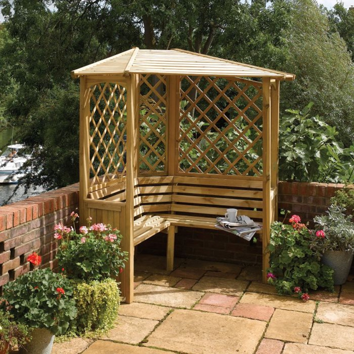 Rowlinson Stylish Design Right Angle Corner Arbour with Open Slatted Roof - Etta Gardens