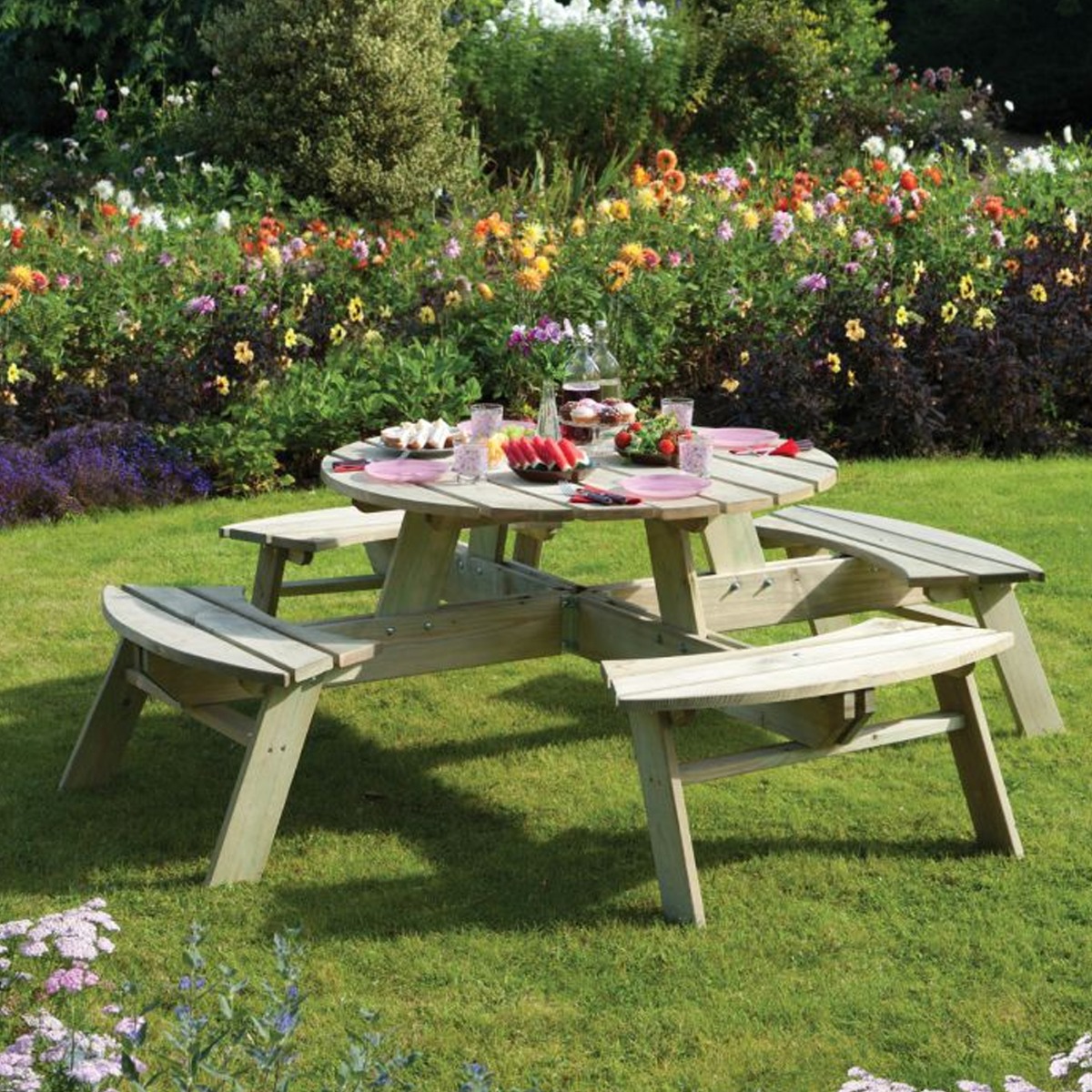 Sturdy Construction Round Picnic Table Seats Eight - Natural Timber Finish - Etta Gardens