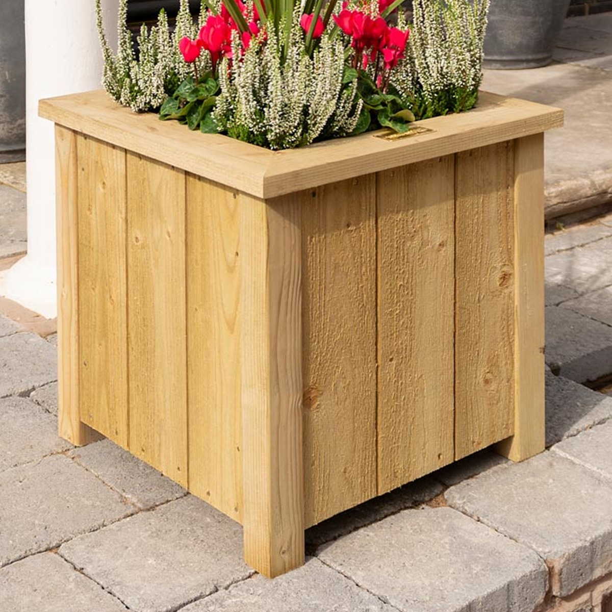 Natural Timber Finish Square Garden Planter with Open Slatted Base - Small - Etta Gardens