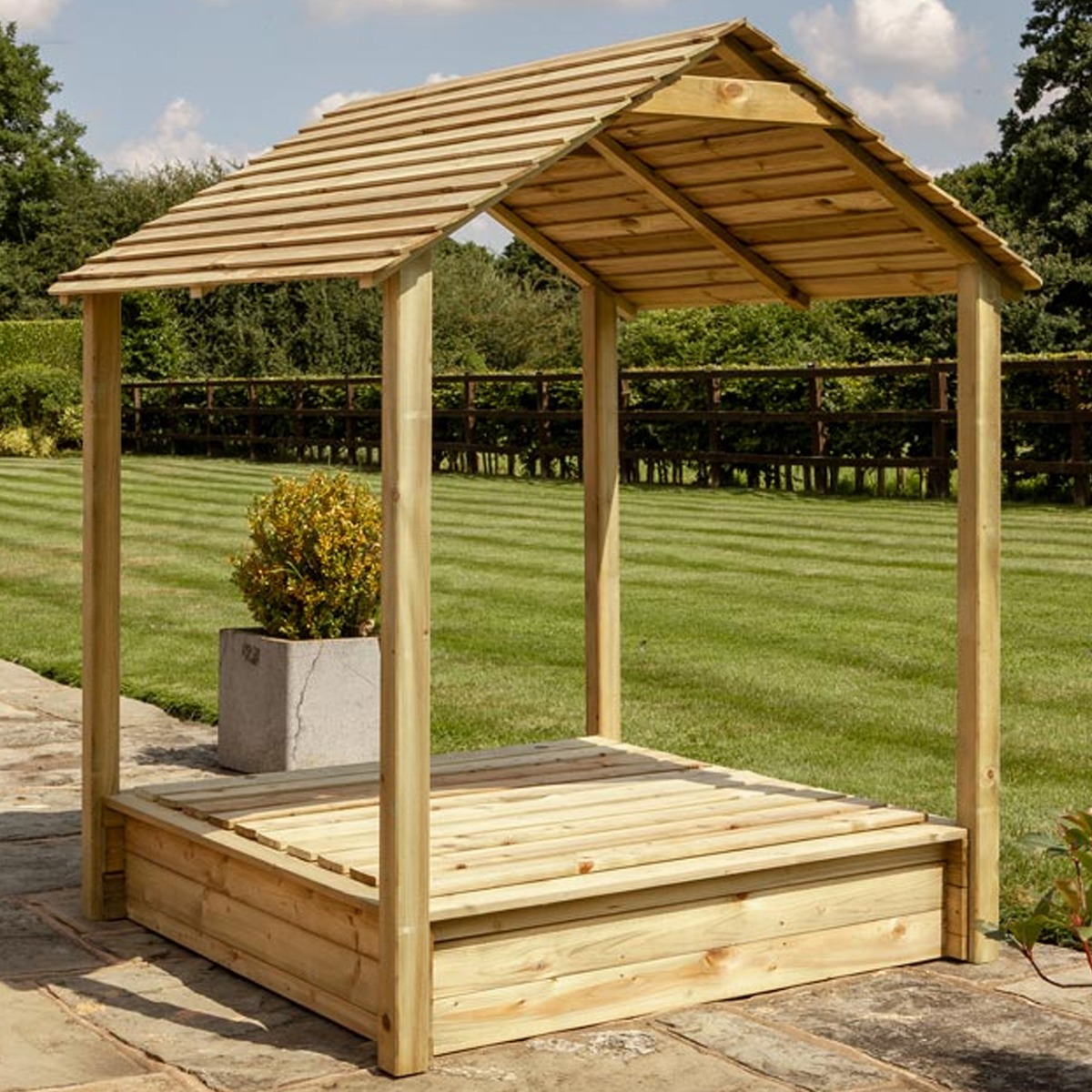 Dobson Sandpit with Roof and Lid - Natural Timber Finish - Etta Gardens
