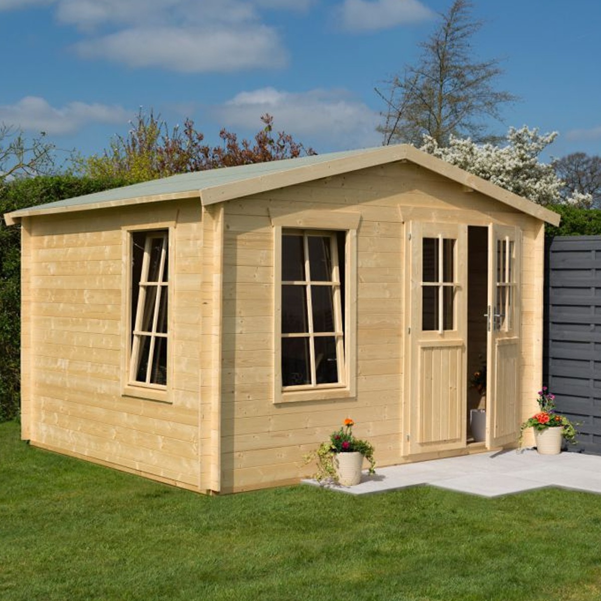 Rowlinson Timber Log Cabin Interlocking Walls with Tilt Windows and Double Doors - Etta Gardens