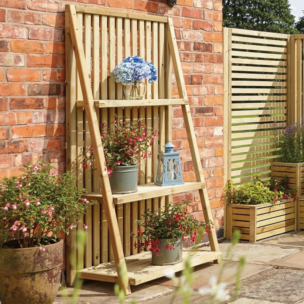 Rowlinson Timber Shelf Unit with Vertical Slatted Panel Plant Stand - Etta Gardens