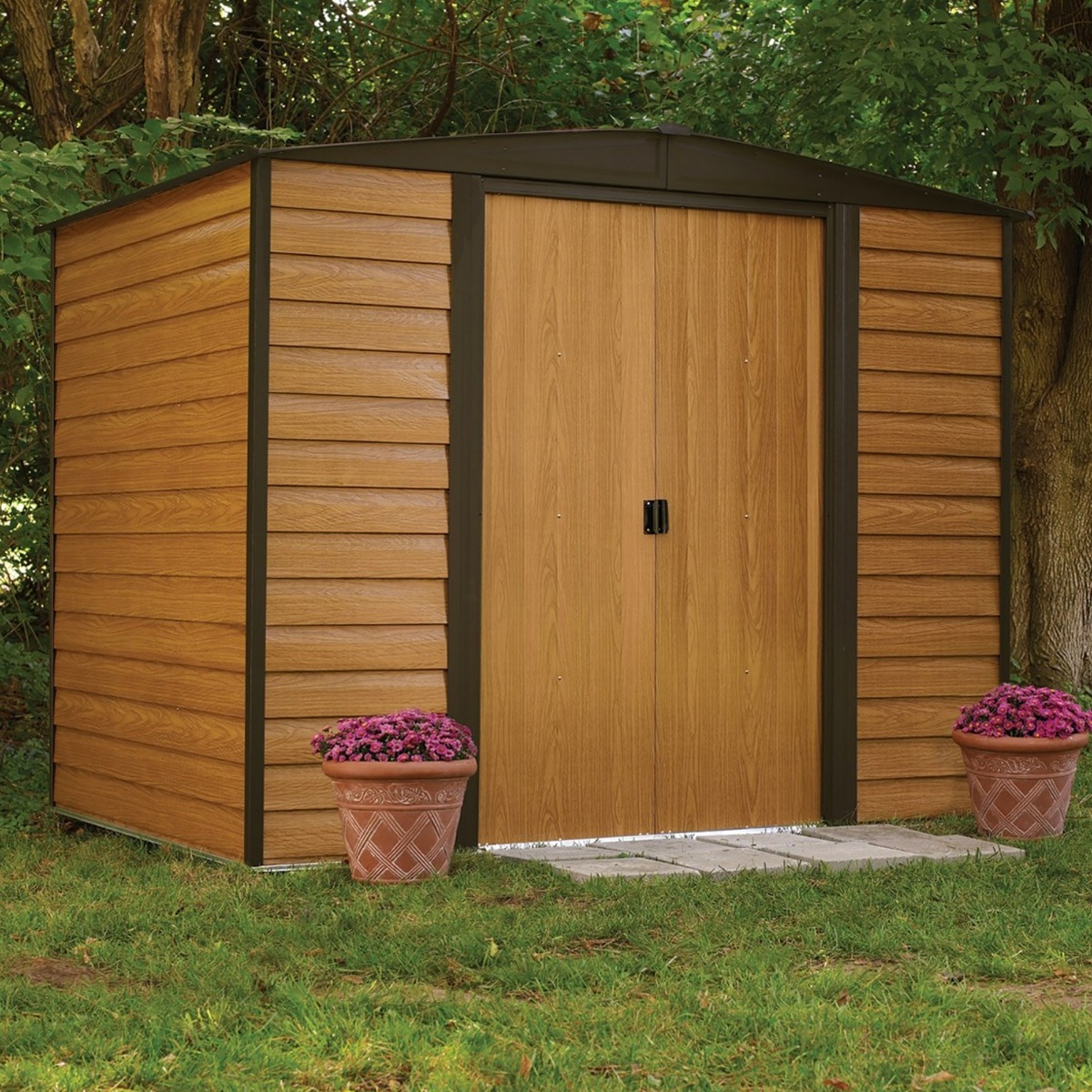 Rowlinson Pre Painted Wood Grain Shed Double Lockable Sliding Doors - 8x6 - Etta Gardens