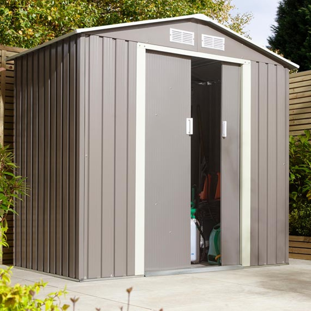 Tyson Double Sliding Door 6x4 Metal Apex Shed - Light Grey - Etta Gardens
