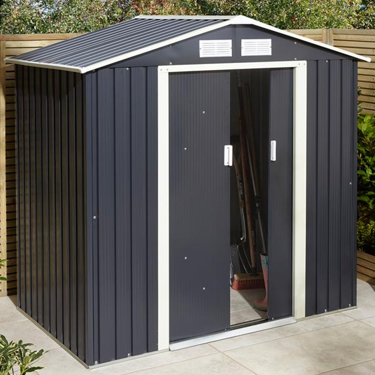 Tyson Double Sliding Door 6x4 Metal Pent Style Roof Shed - Dark Grey - Etta Gardens