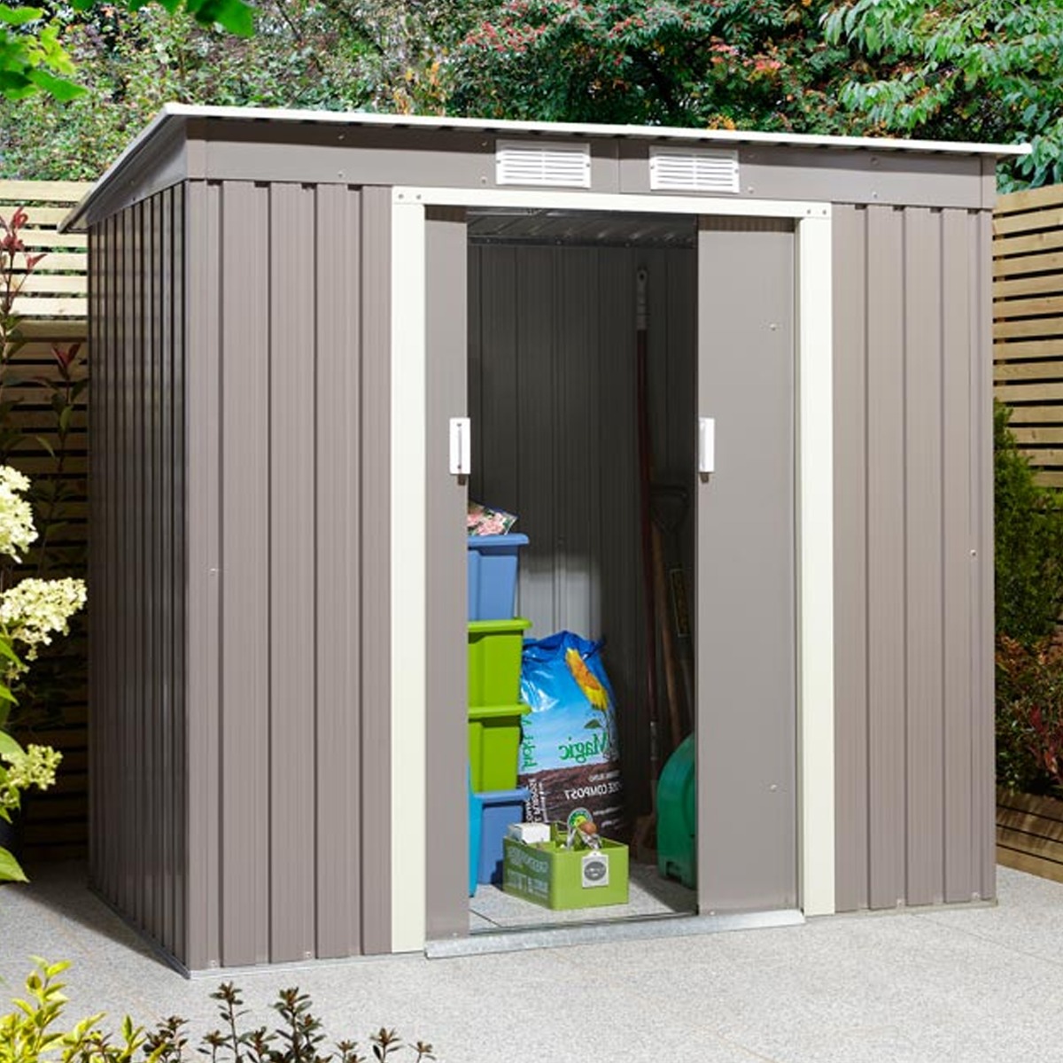 Tyson Double Sliding Door 6x4 Metal Pent Style Roof Shed - Light Grey - Etta Gardens