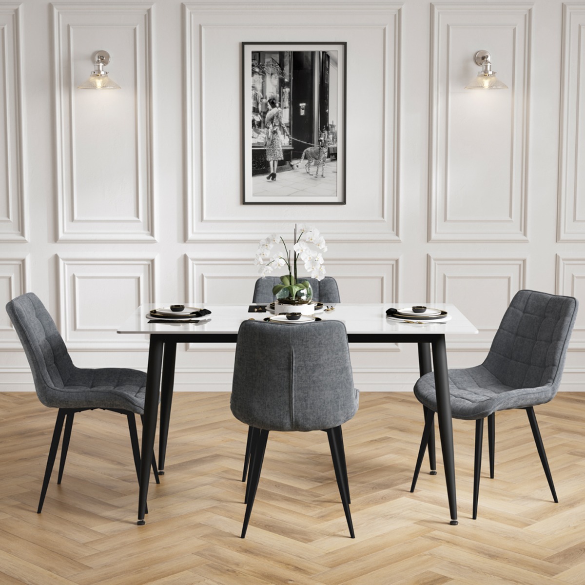 LUNERA Marble Rectangular Dining Table with 4 Chairs Set - White - Leeds Plywood
