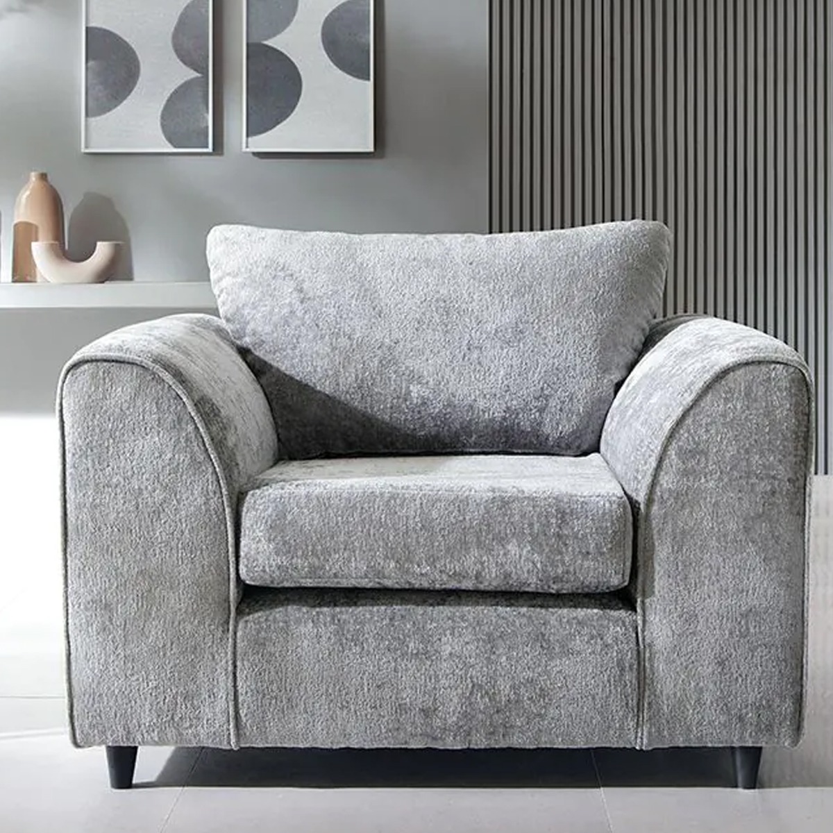 Armchair - HENRY Crushed Chenille Fabric Sofa Armchair - Light Grey - Sofa Central