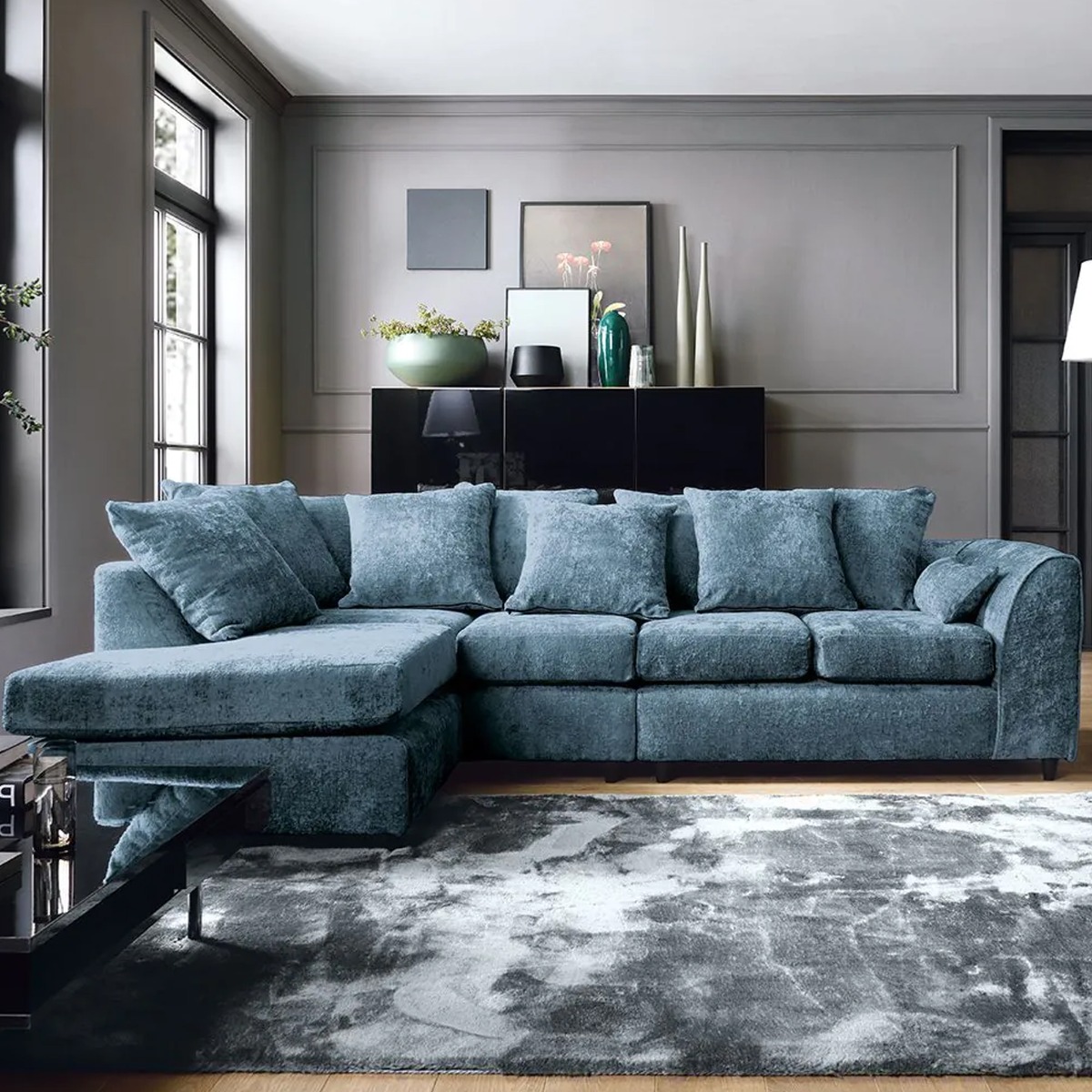 Corner Sofa - HENRY Crushed Chenille Fabric 5 Seater L-Shaped Sofa Left Hand Facing - Dark Blue - Sofa Central