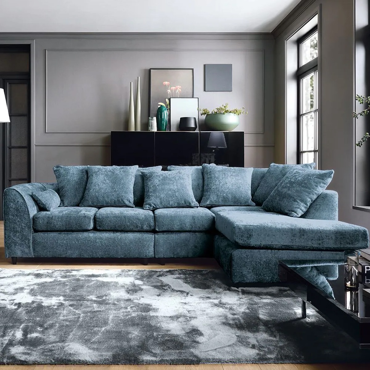 Corner Sofa - HENRY Crushed Chenille Fabric 5 Seater L-Shaped Sofa Right Hand Facing - Dark Blue - Sofa Central