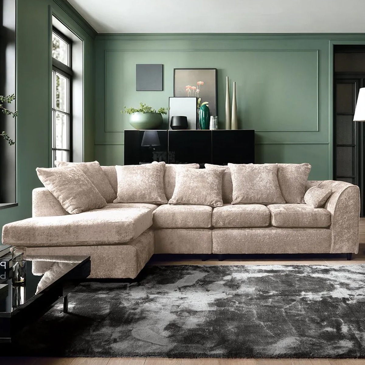 Corner Sofa - HENRY Crushed Chenille Fabric 5 Seater L-Shaped Sofa Left Hand Facing - Cream - Sofa Central