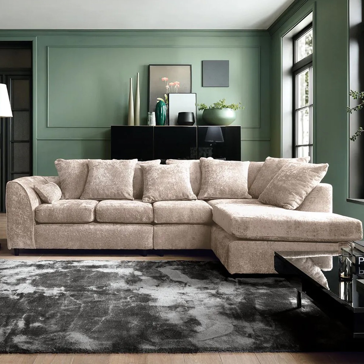 Corner Sofa - HENRY Crushed Chenille Fabric 5 Seater L-Shaped Sofa Right Hand Facing - Cream - Sofa Central