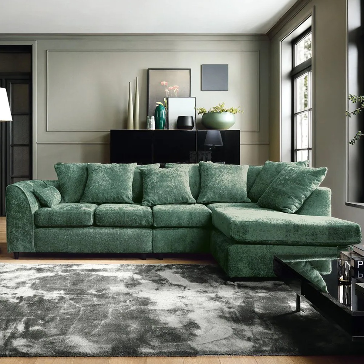 Corner Sofa - HENRY Crushed Chenille Fabric 5 Seater L-Shaped Sofa Right Hand Facing - Rifle Green - Sofa Central