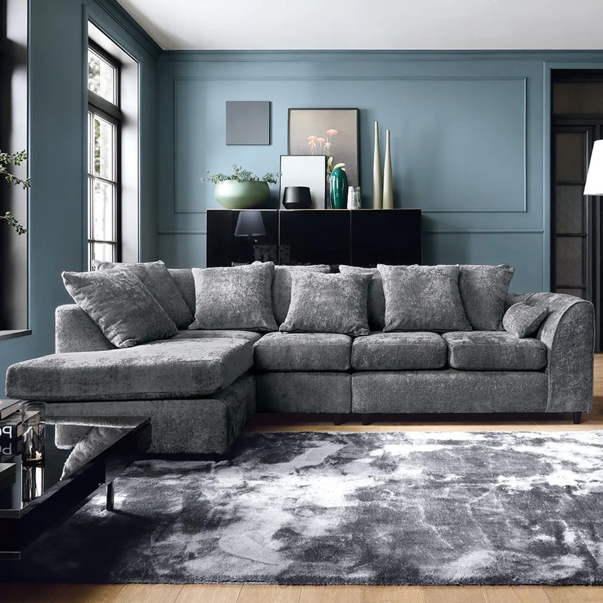 Corner Sofa - HENRY Crushed Chenille Fabric 5 Seater L-Shaped Sofa Left Hand Facing - Dark Grey - Sofa Central