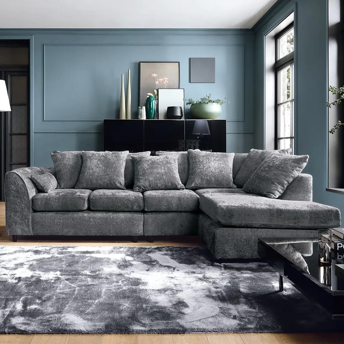 Corner Sofa - HENRY Crushed Chenille Fabric 5 Seater L-Shaped Sofa Right Hand Facing - Dark Grey - Sofa Central