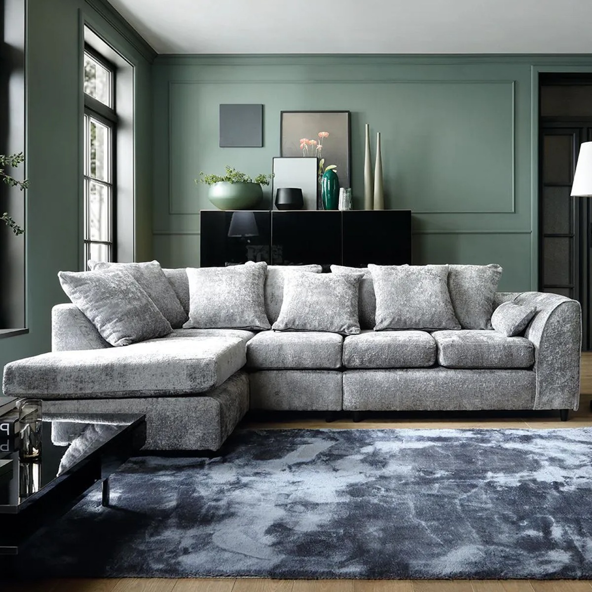 Corner Sofa - HENRY Crushed Chenille Fabric 5 Seater L-Shaped Sofa Left Hand Facing - Light Grey - Sofa Central