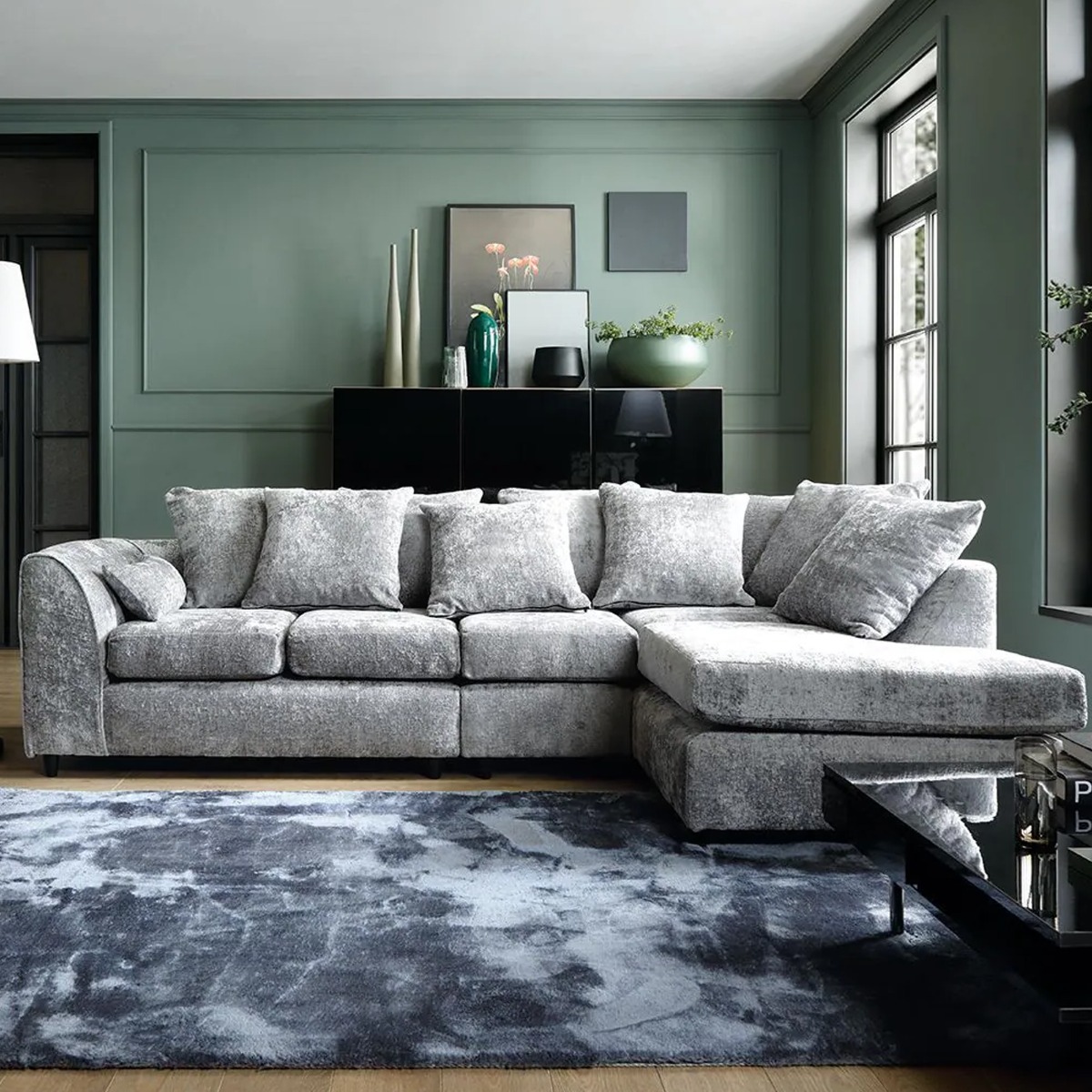 Corner Sofa - HENRY Crushed Chenille Fabric 5 Seater L-Shaped Sofa Right Hand Facing - Light Grey - Sofa Central