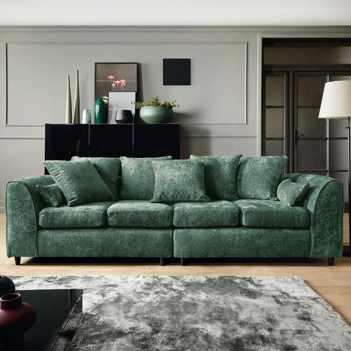 4 Seater Sofa - HENRY Crushed Chenille Fabric - Rifle Green - Sofa Central