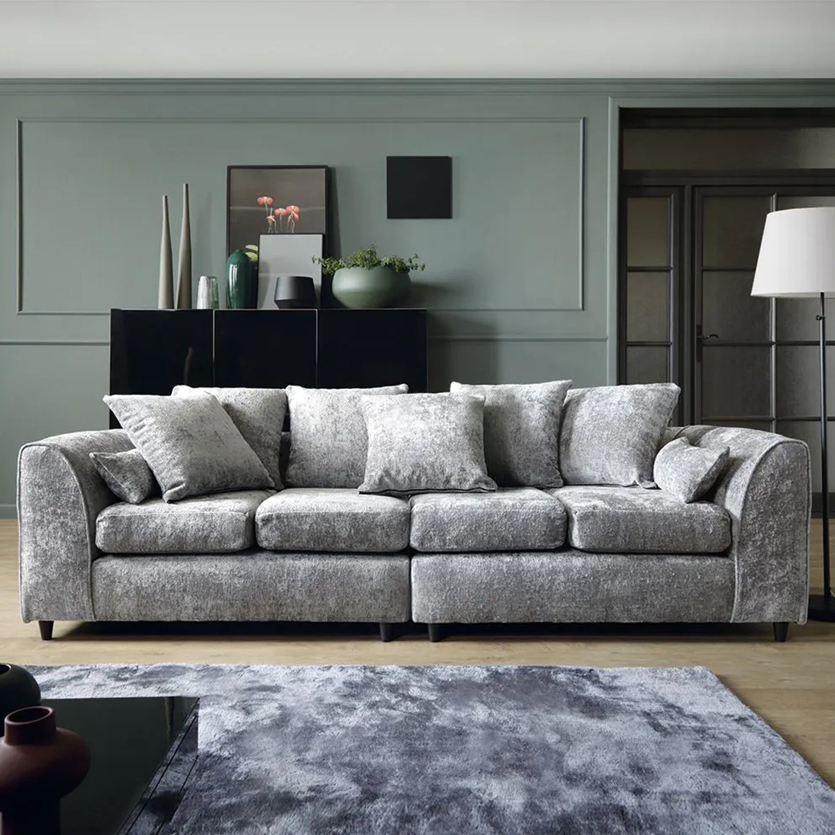 4 Seater Sofa - HENRY Crushed Chenille Fabric - Light Grey - Sofa Central