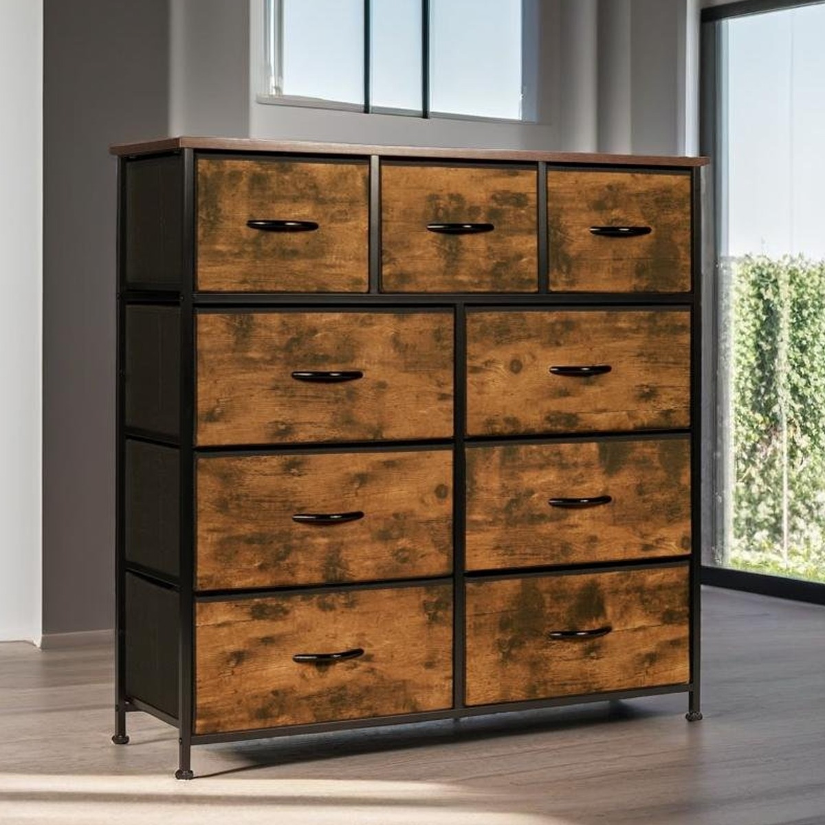 PRISTANE Brown Fabric Chest of Drawers - Medium-sized, 9 Drawers - The Urban Forge