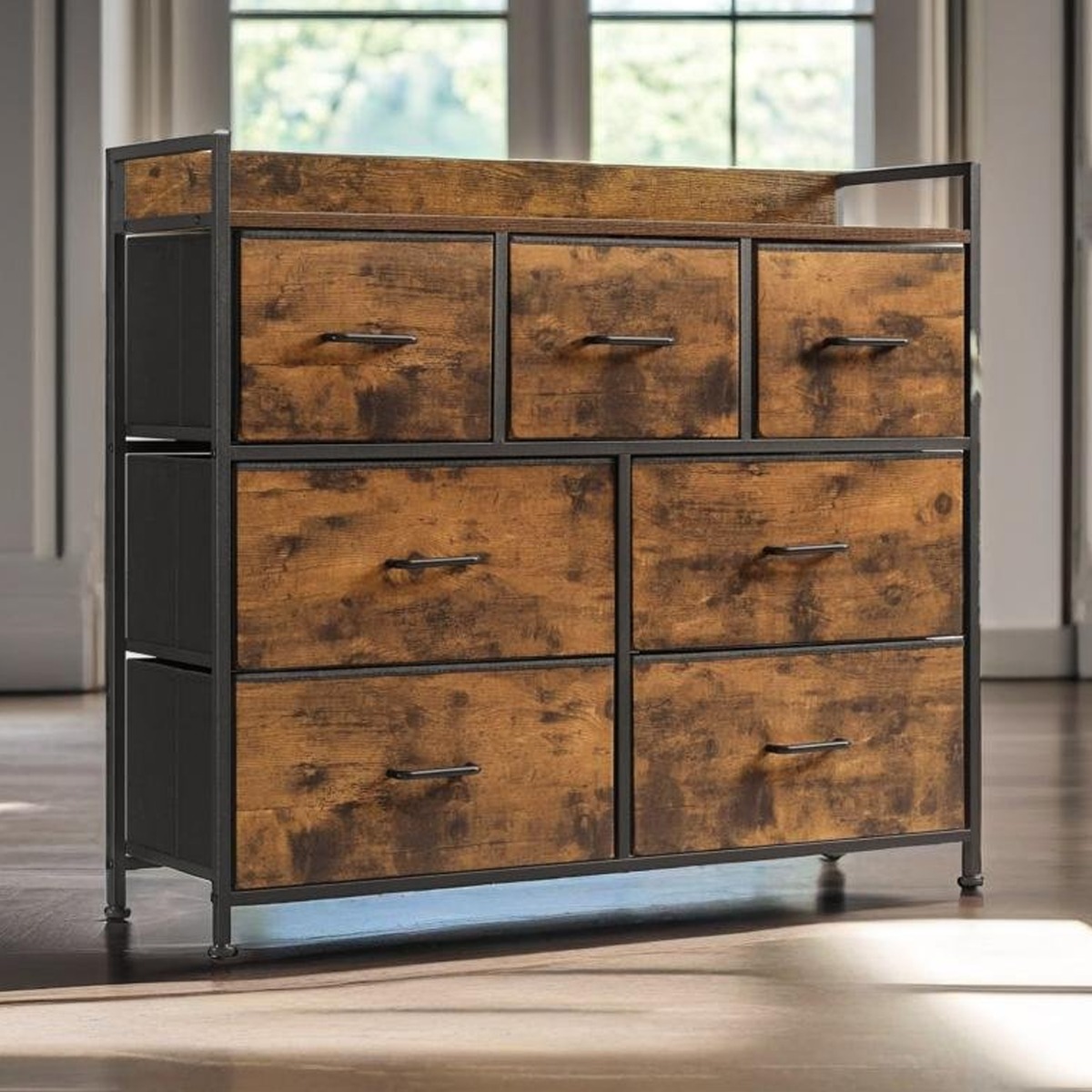 PRISTANE Brown Fabric Chest of Drawers - Medium-sized, 7 Drawers - The Urban Forge